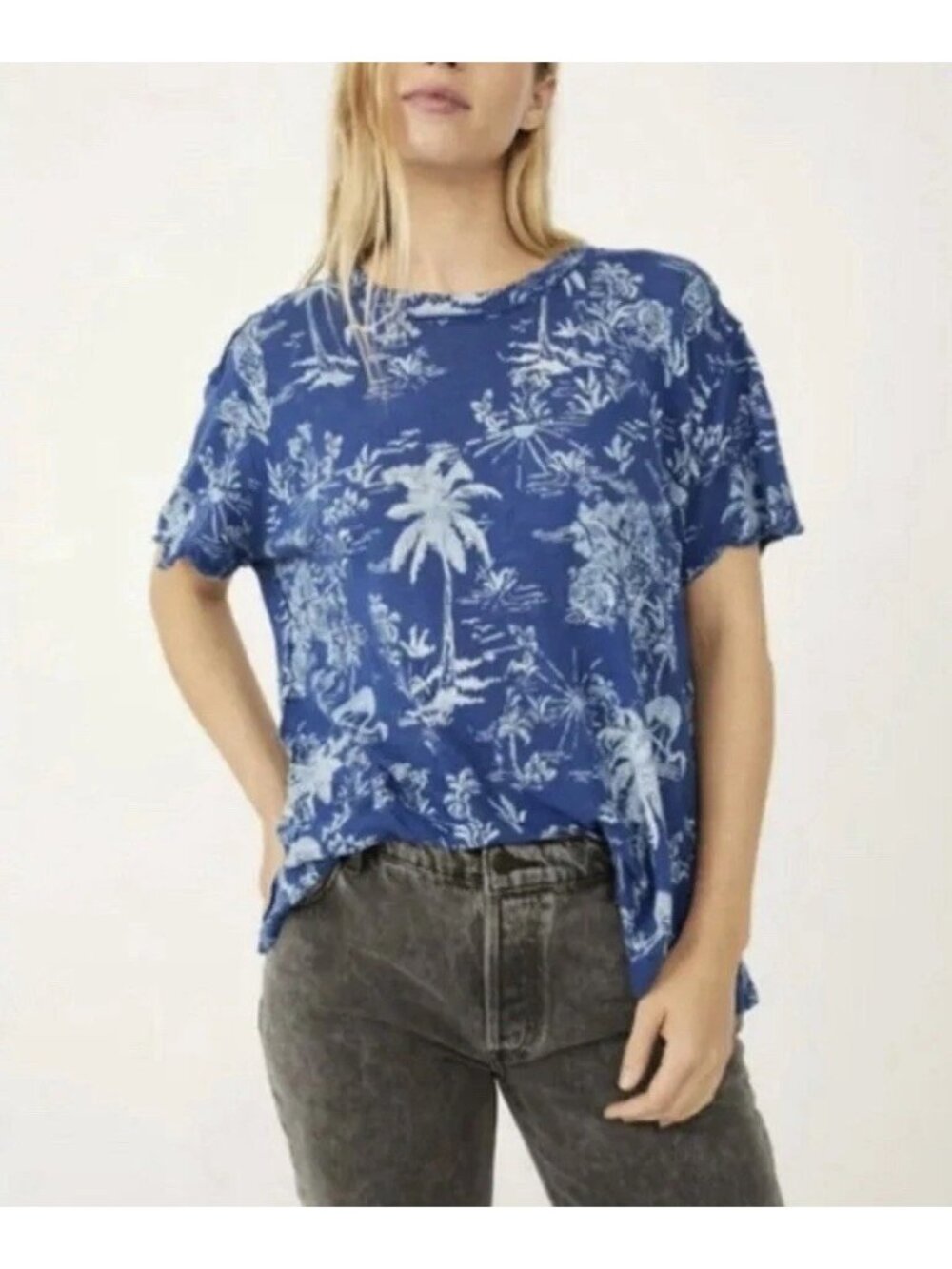 Free people Blue Oversized Linen Blend T-Shirt Size Small NWT